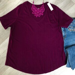 NEW Terra & Sky Dark Plum Purple Short Sleeve V-Neck Top Tee Size 14W